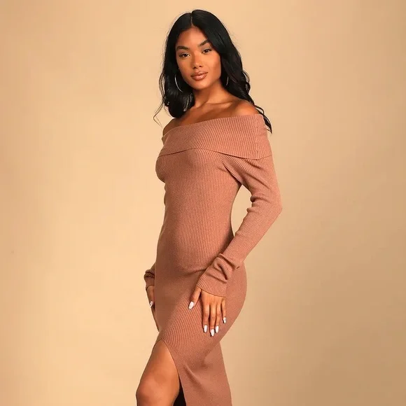 Camel Ribbed Off-the-Shoulder Bodycon Maxi Dress - Picture 1 of 5